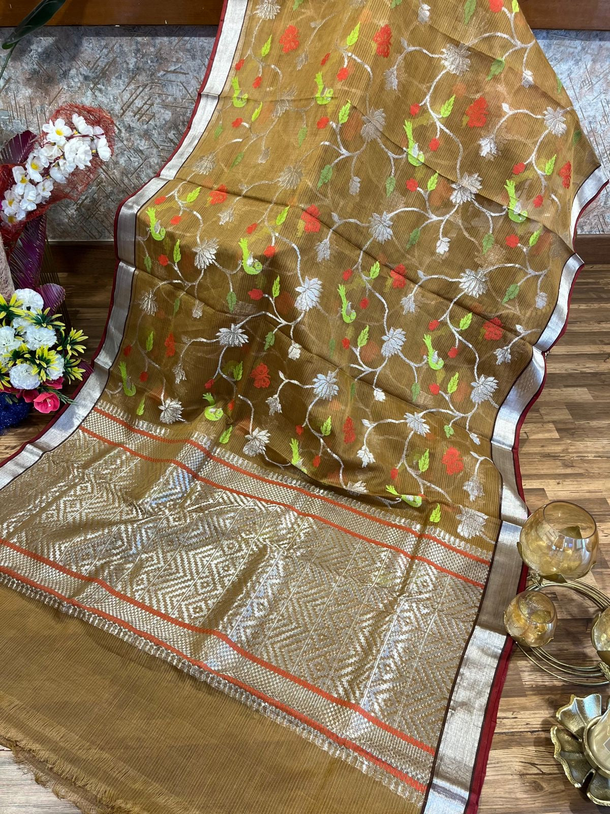 Designer All Over Jaal Pure Zari Kota Saree with Contrast Blouse