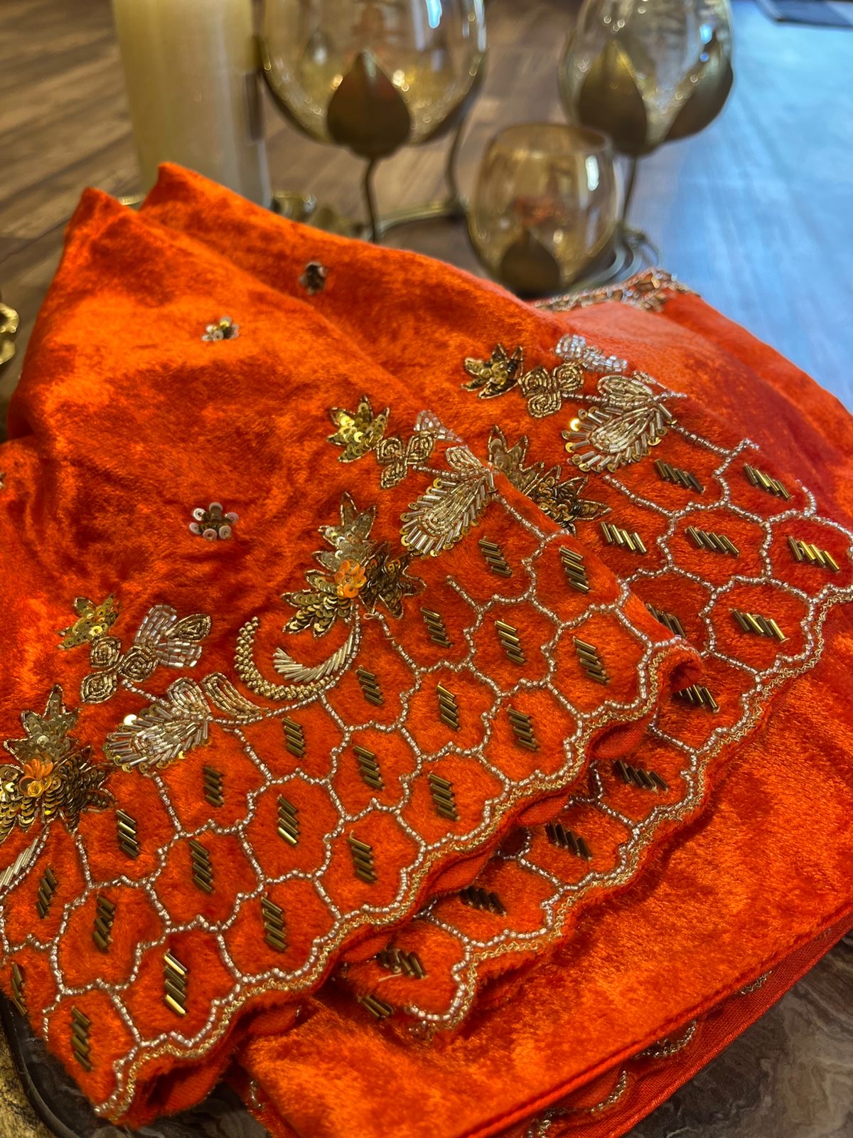 Orange Shade Velvet Designer Blouse