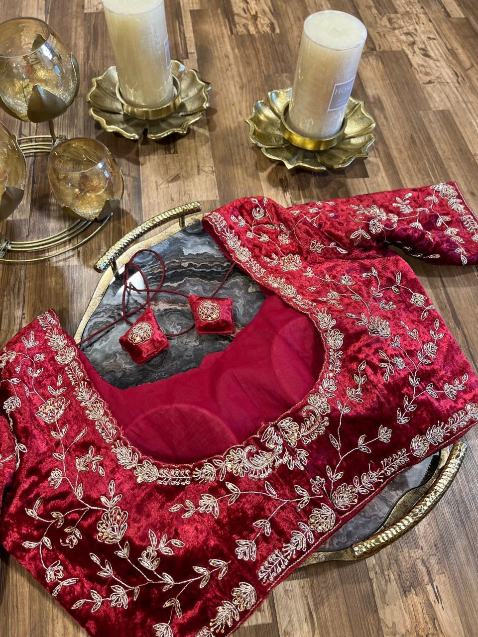 Maroon Red  Velvet Handworked Blouse