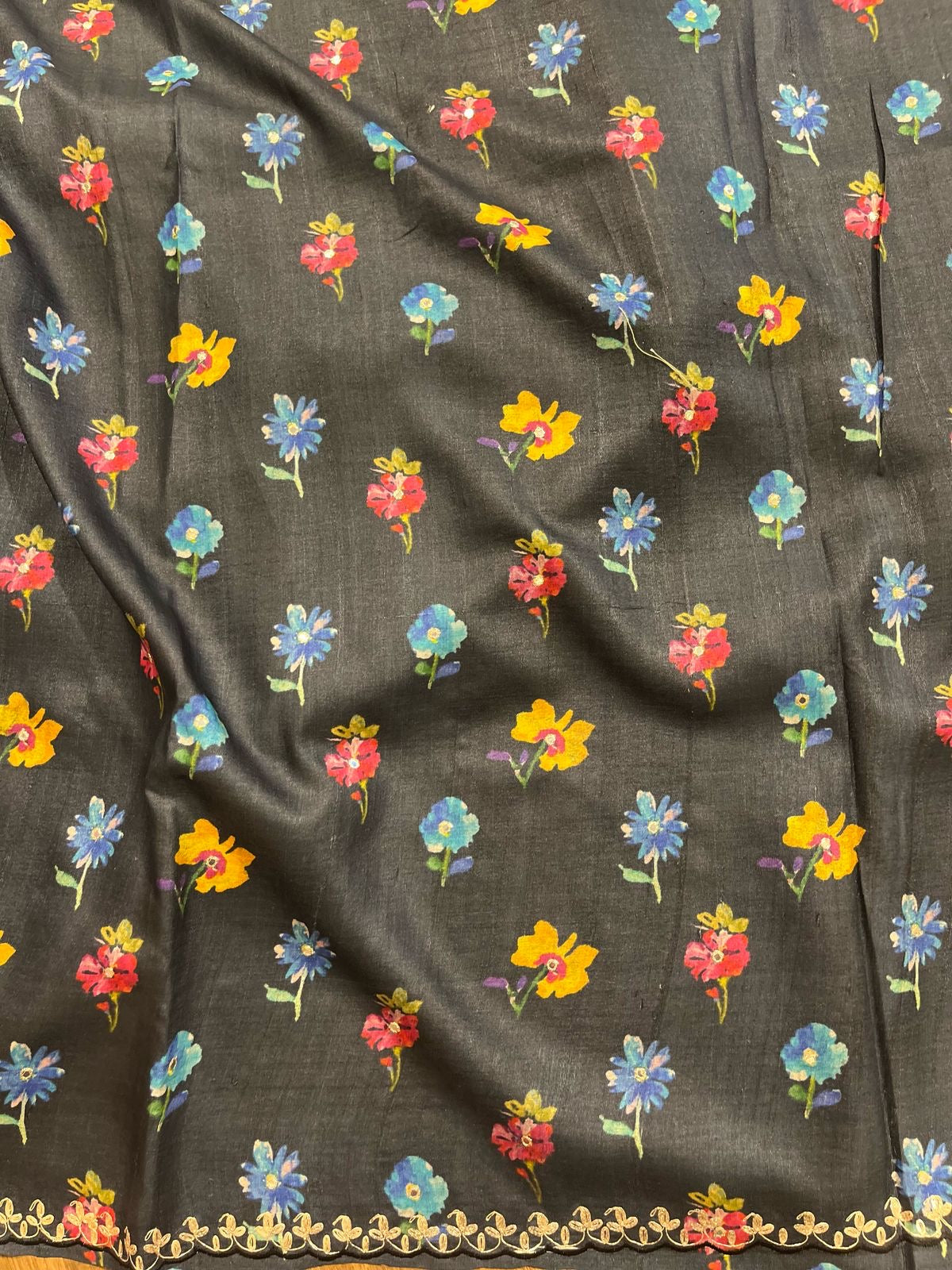 Black Designer Floral Print Organza