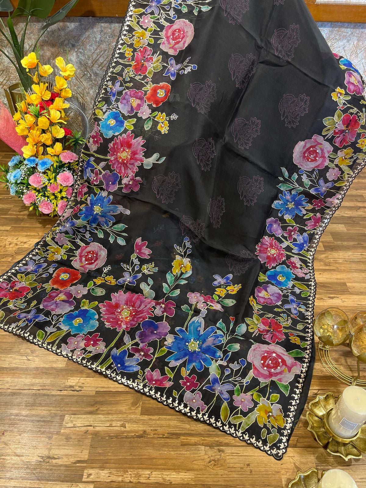 Black Designer Floral Print Organza