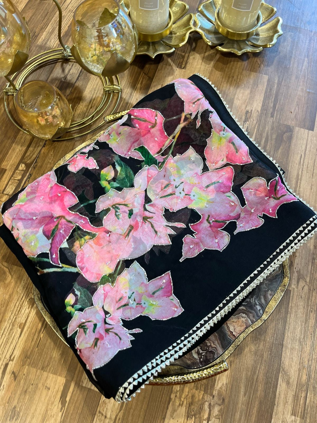 Black Designer Bougainvillea Digital Print On Pure Organza