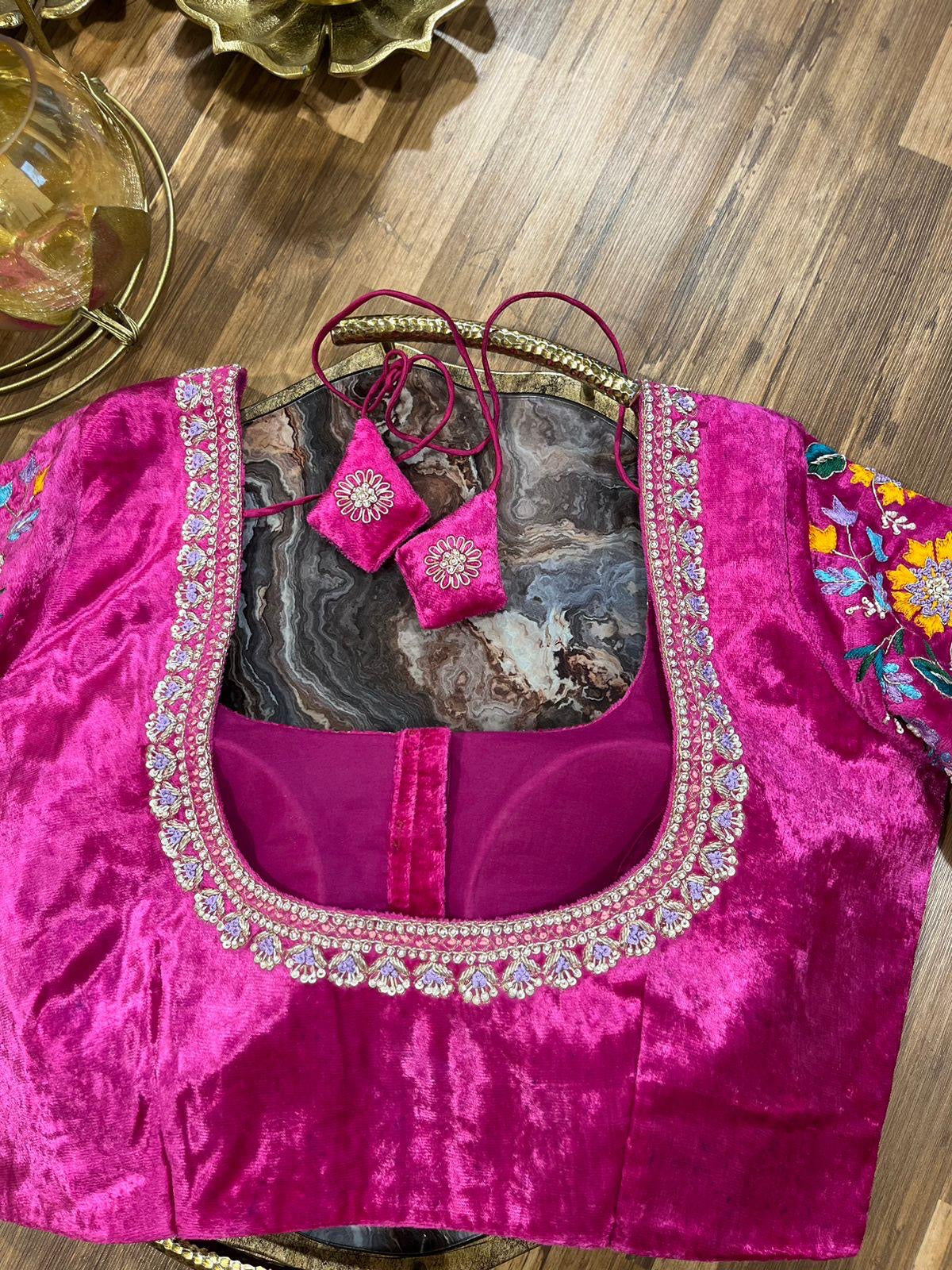 Rani Pink Velvet Handworked Blouse