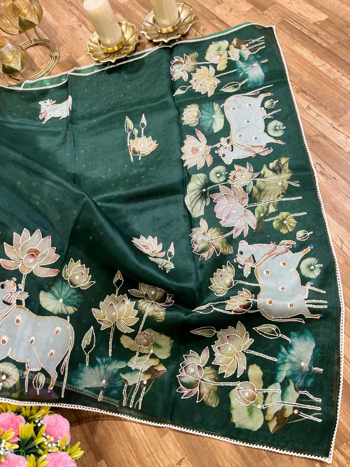 Bottle green Designer Floral Print Pure Organza