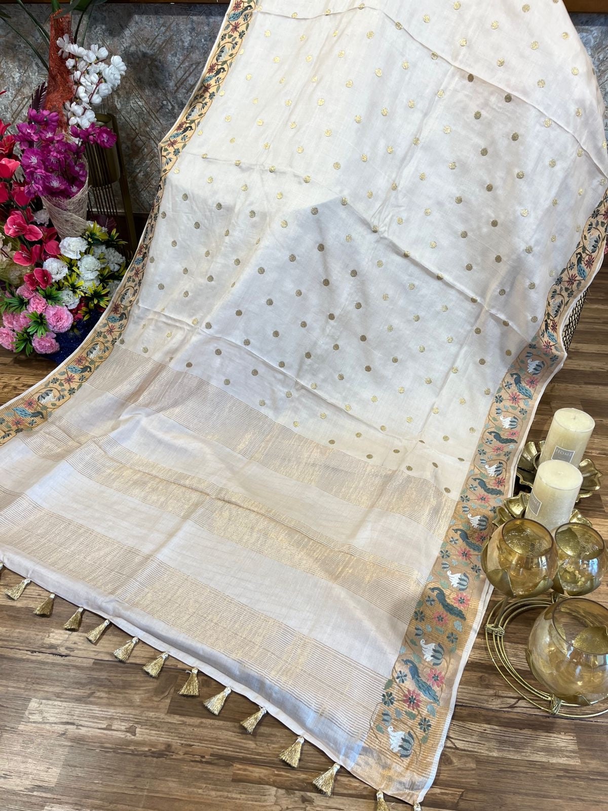 Cream Shade Pure Tussar Saree