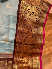 Sky blue and chocolate brown tone Gadwal saree