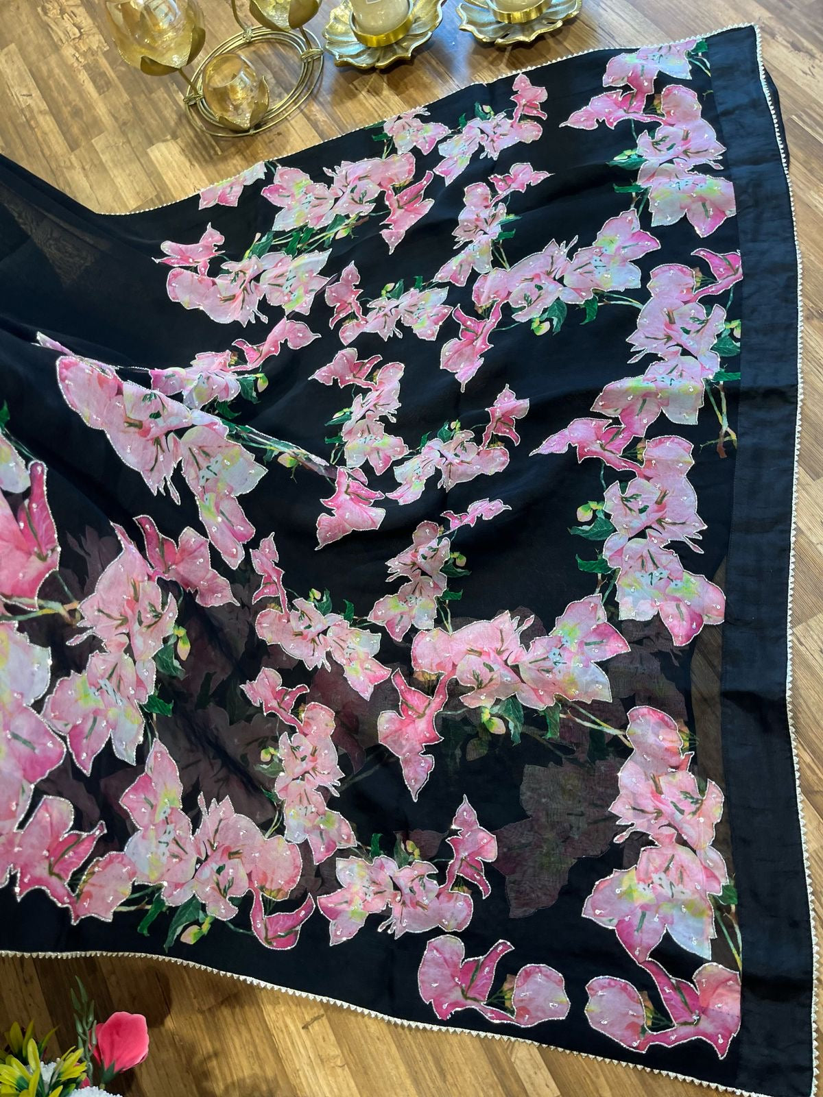 Black Designer Bougainvillea Digital Print On Pure Organza