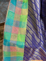 Deep Blue and Multicolored Border Pure Kanchi Silk