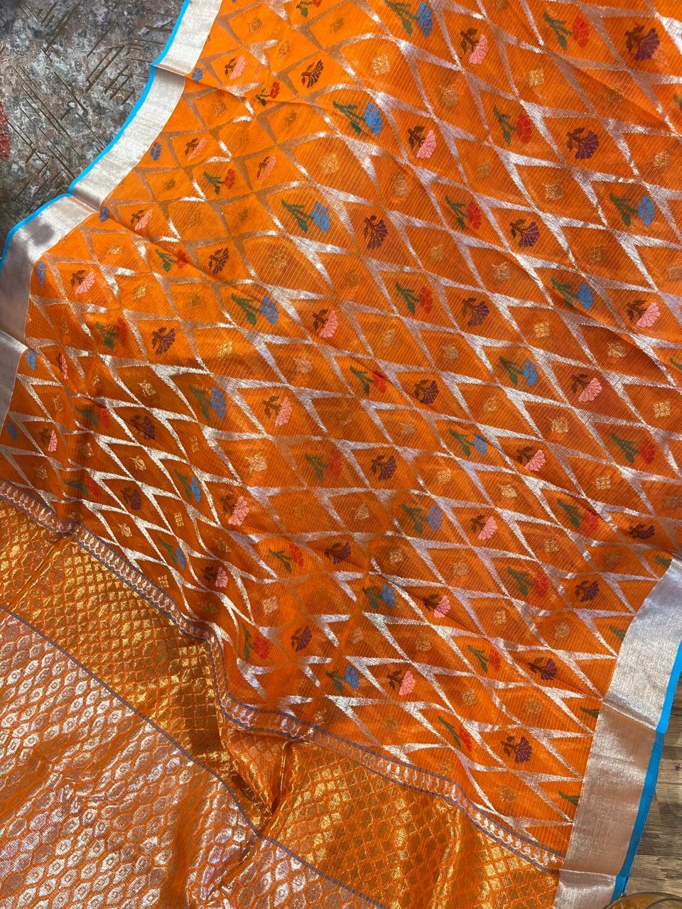 Designer All Over Jaal Pure Zari Kota Saree with Contrast Blouse