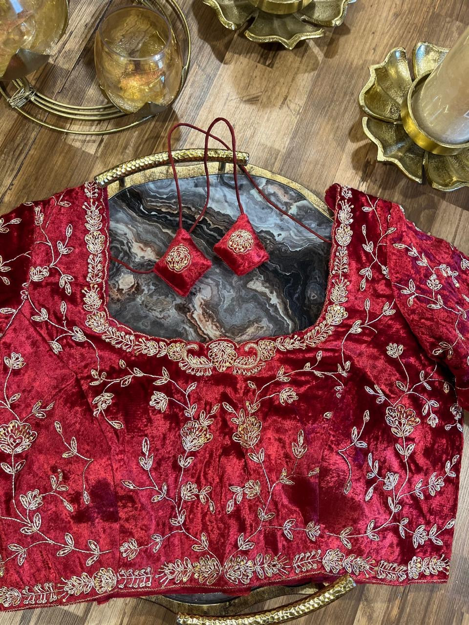 Maroon Red  Velvet Handworked Blouse