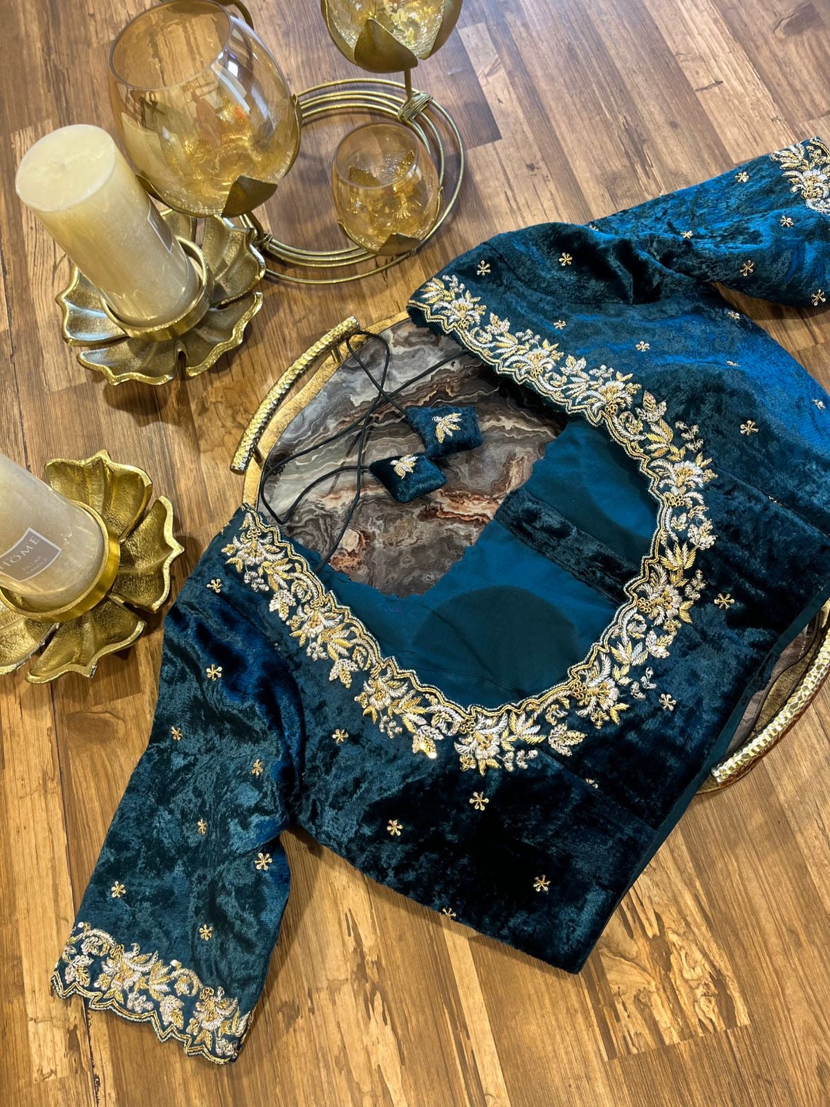 Peacock Blue Shade Velvet Designer Blouse