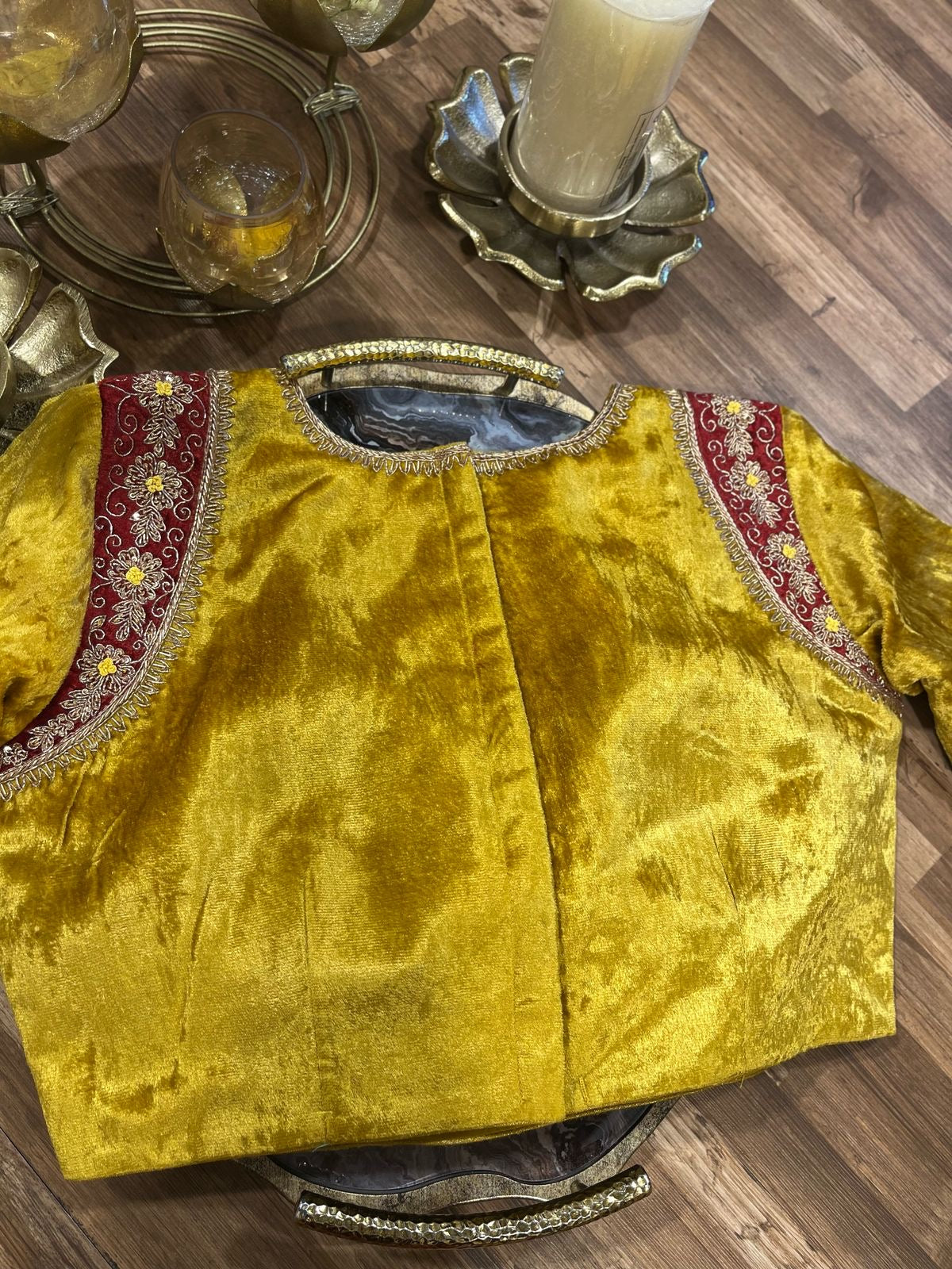 Yellow and Red Combination Shade Velvet Designer Blouse