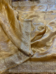 Golden Tissue Handloom Handworked Organza Saree