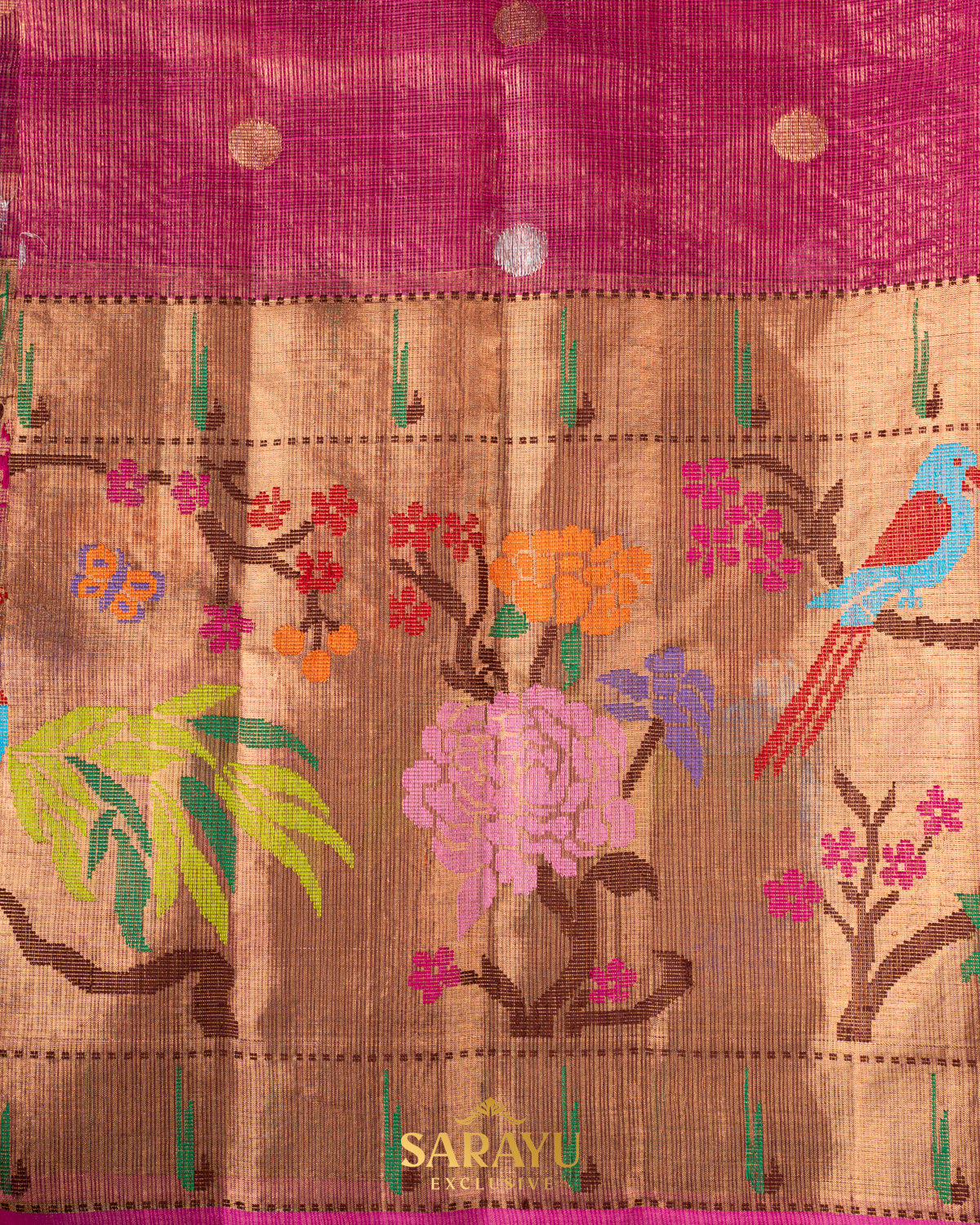 Deep peach and Pink combination single tissue pure zari kota