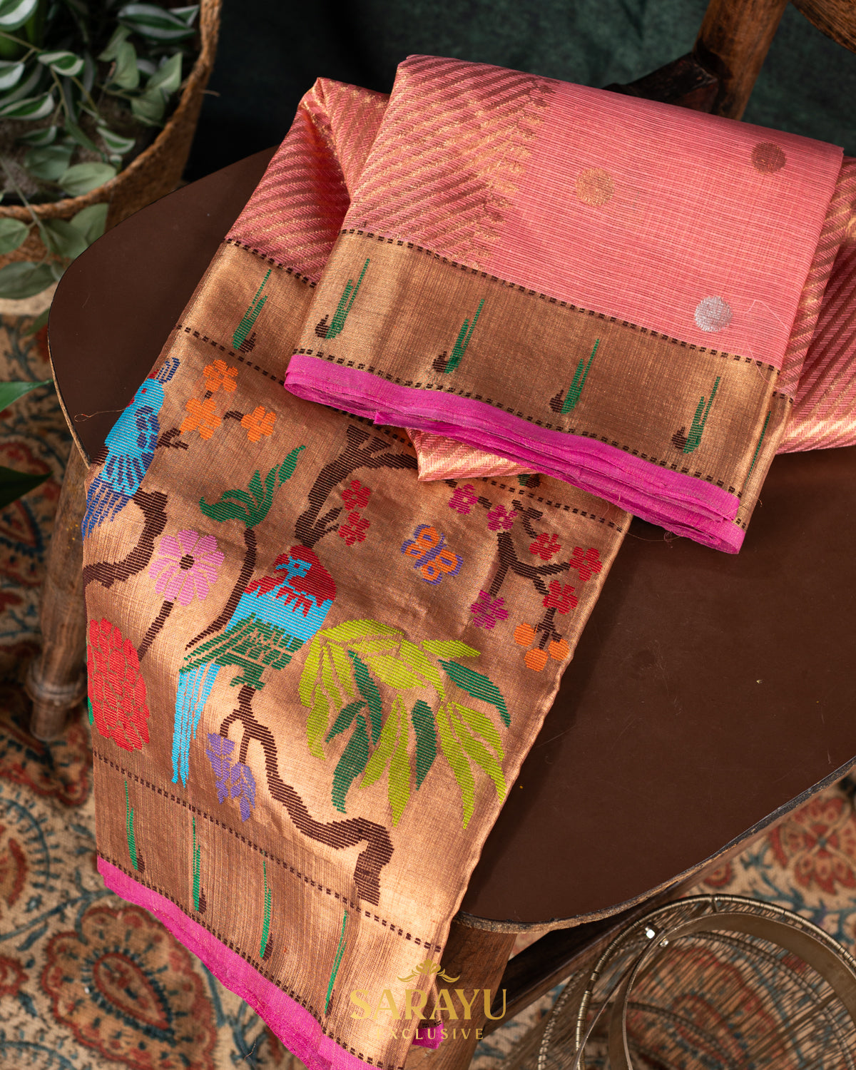 Deep peach and Pink combination single tissue pure zari kota