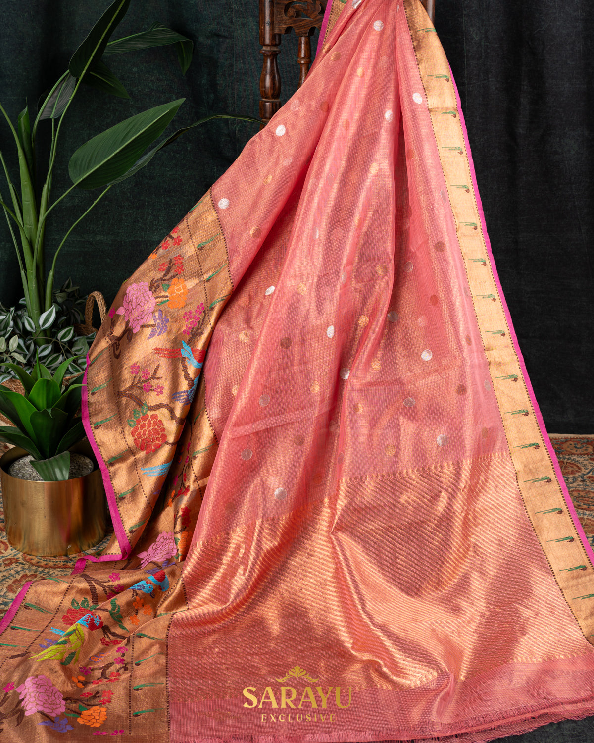 Deep peach and Pink combination single tissue pure zari kota