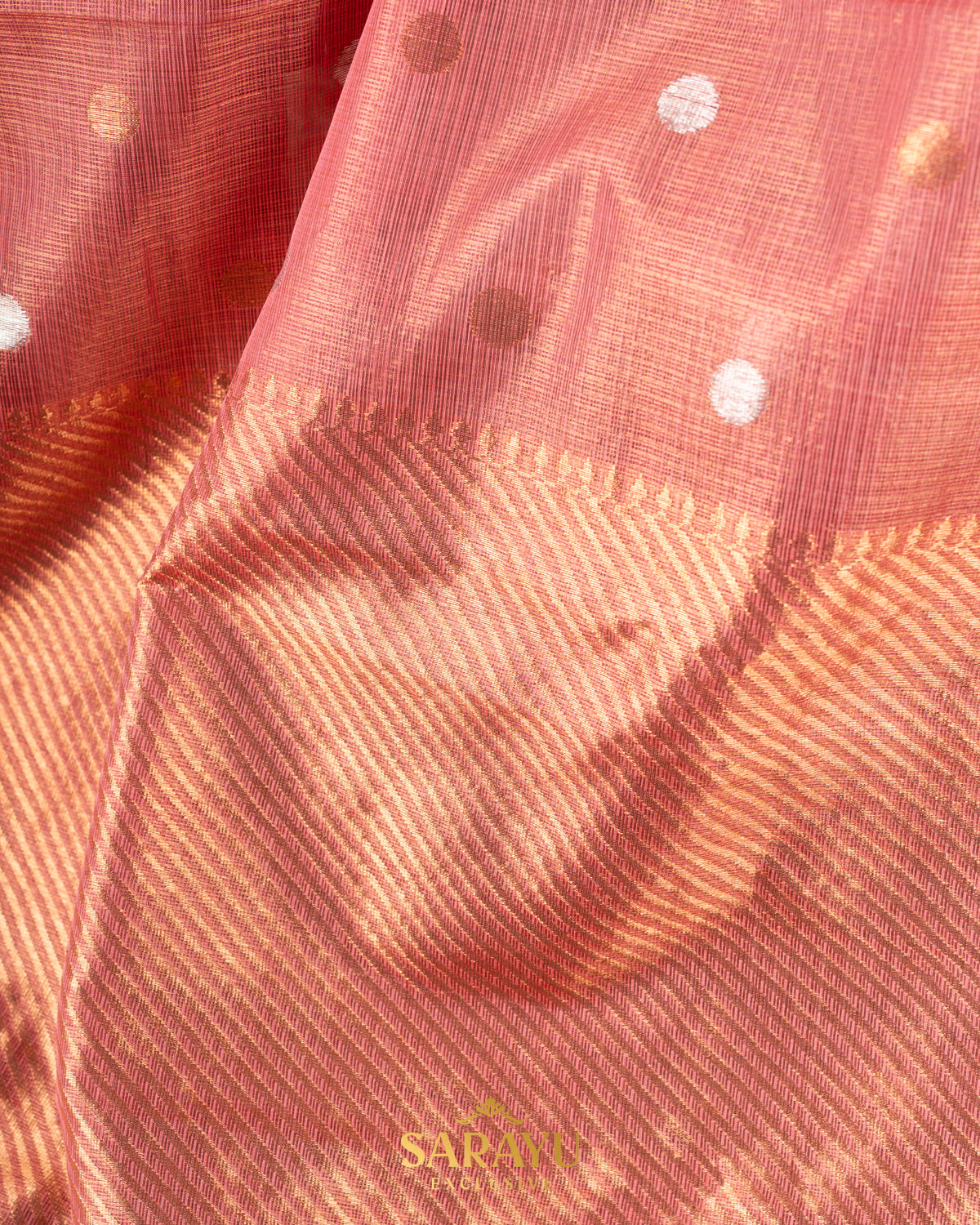 Deep peach and Pink combination single tissue pure zari kota
