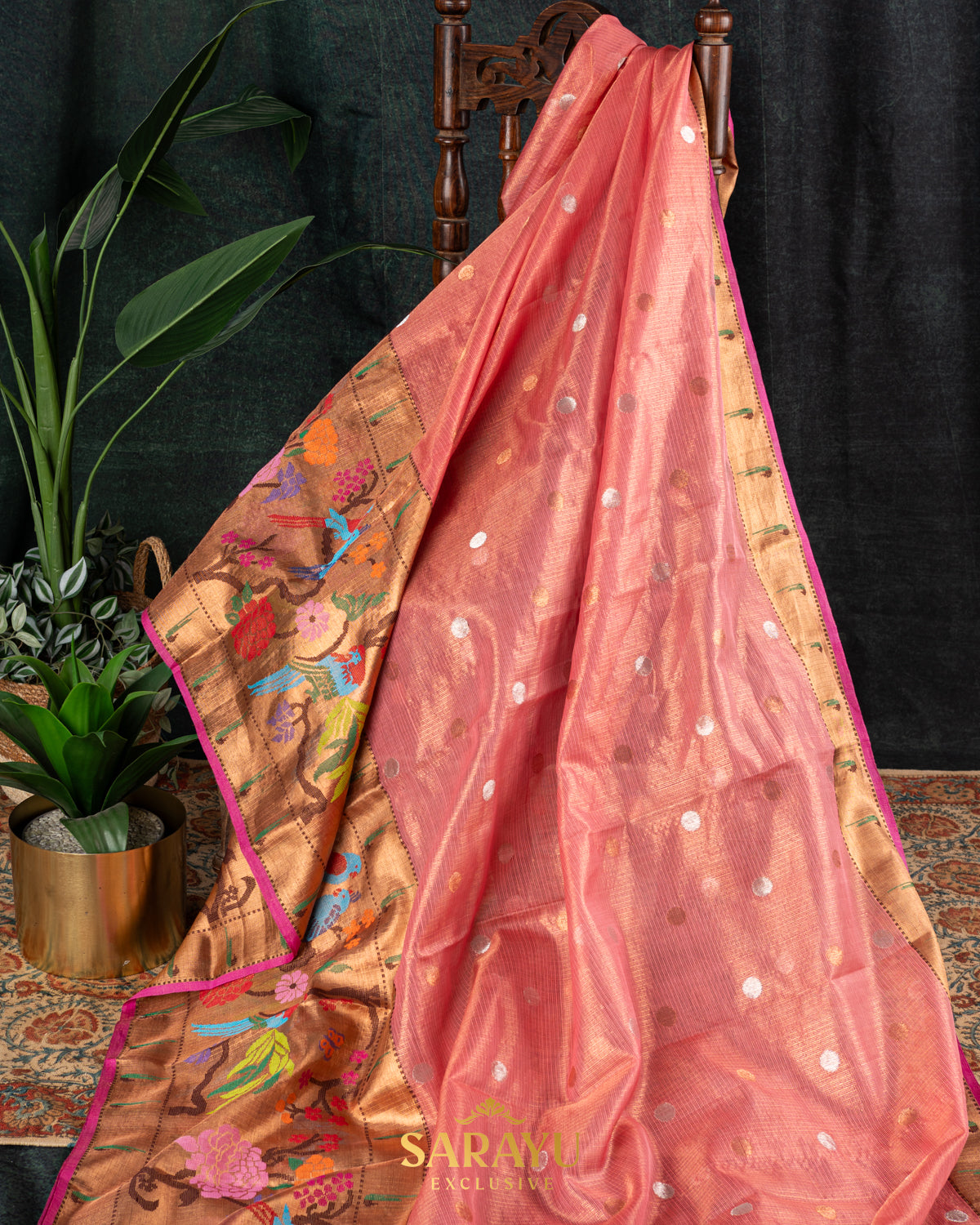 Deep peach and Pink combination single tissue pure zari kota