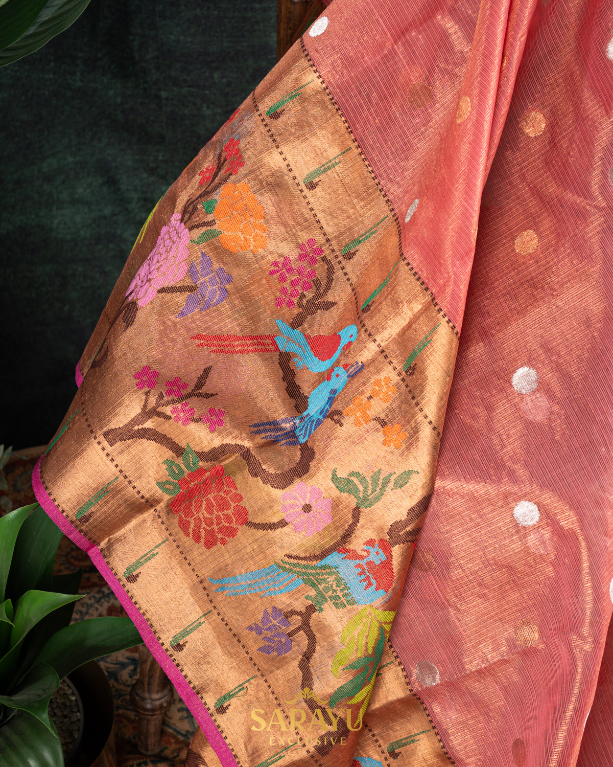 Deep peach and Pink combination single tissue pure zari kota