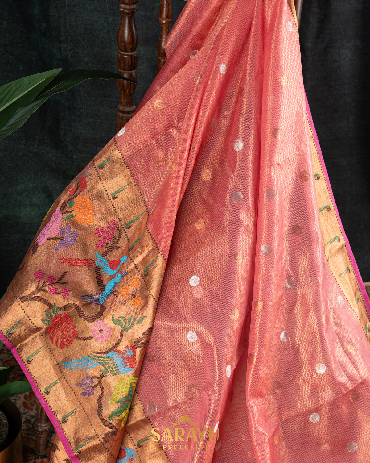 Deep peach and Pink combination single tissue pure zari kota