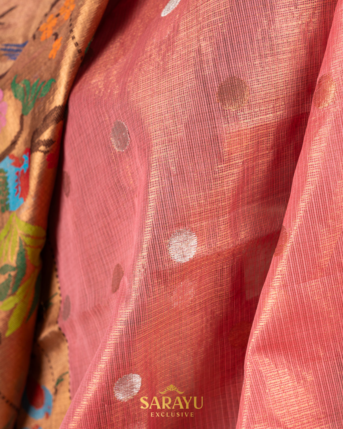 Deep peach and Pink combination single tissue pure zari kota