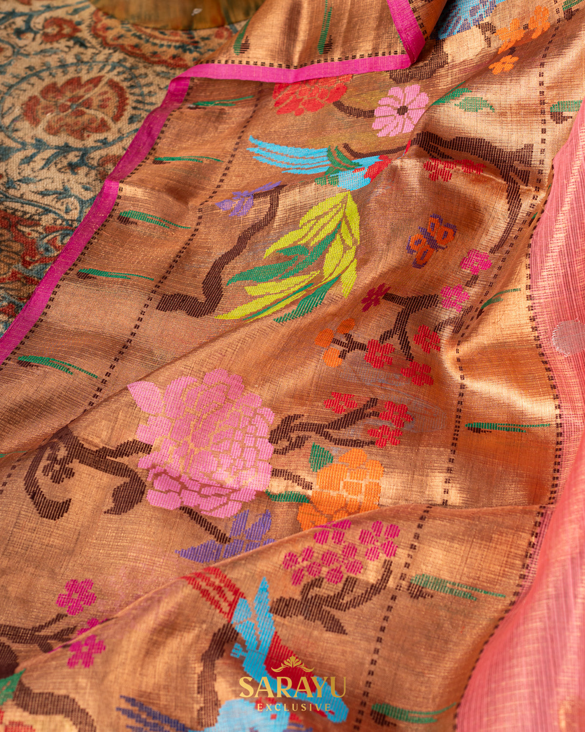 Deep peach and Pink combination single tissue pure zari kota