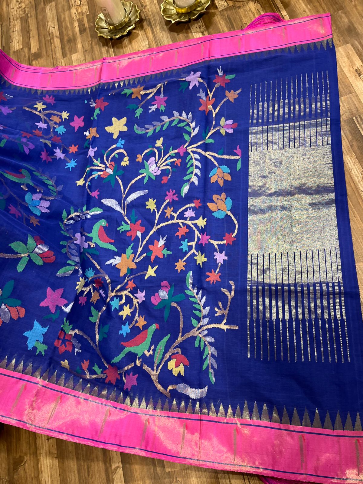 Blue and Pink Tissue Paithani Border