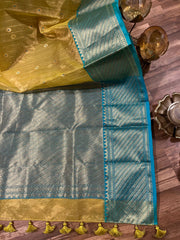 Lime Green and Sea Blue Chanderi Pure Silk