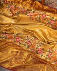 Golden Yellow Designer Pure Tissue Kanchi