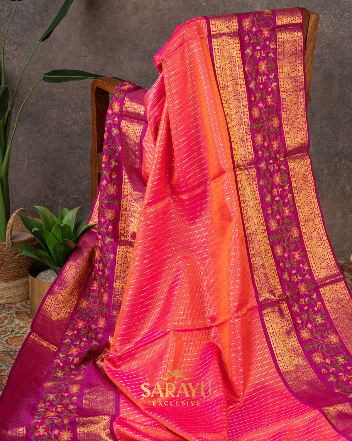 Deep Kankambram and Magenta Pink Double Shaded Pure Kanchi
