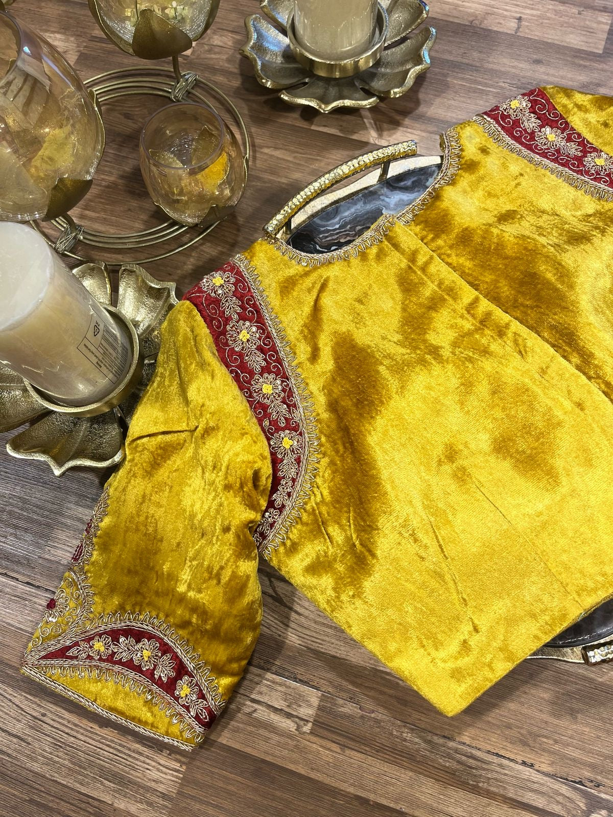 Yellow and Red Combination Shade Velvet Designer Blouse