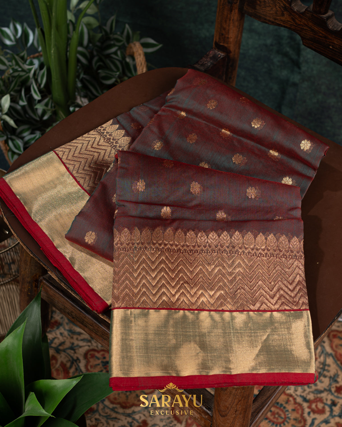Moss green and Brown mixed Kalanetha Pure Chanderi Silk