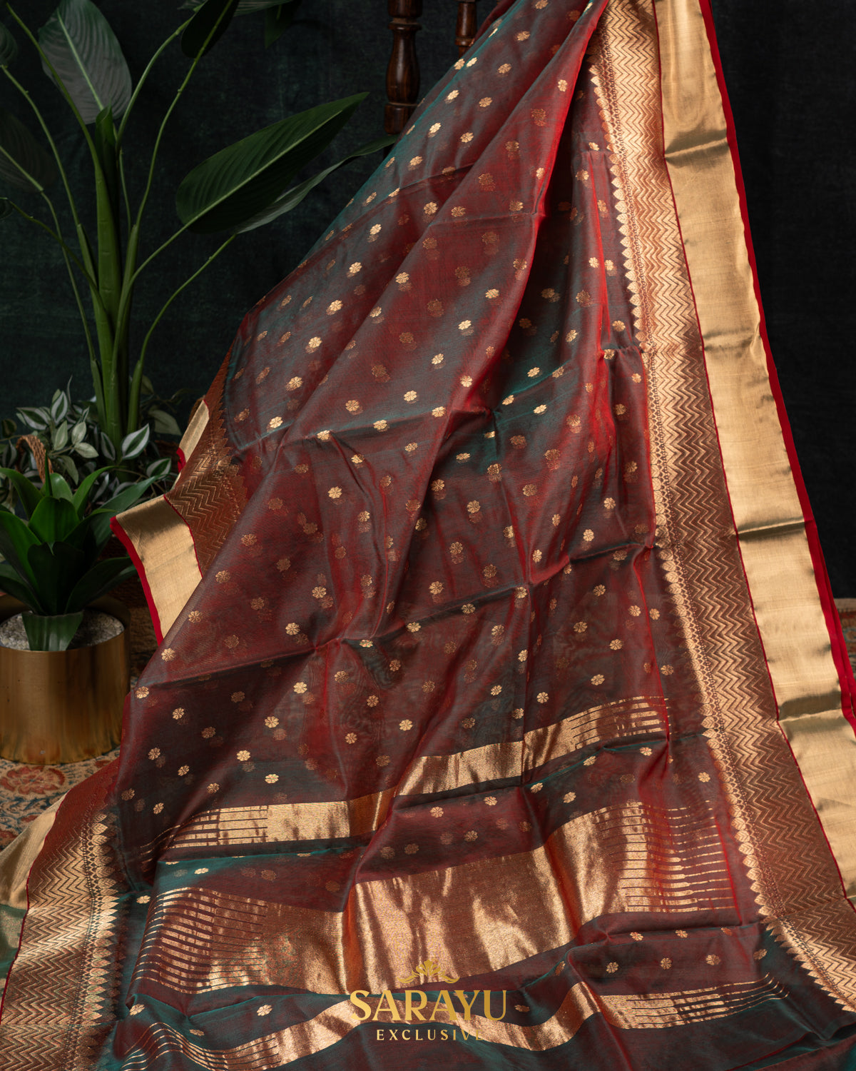 Moss green and Brown mixed Kalanetha Pure Chanderi Silk