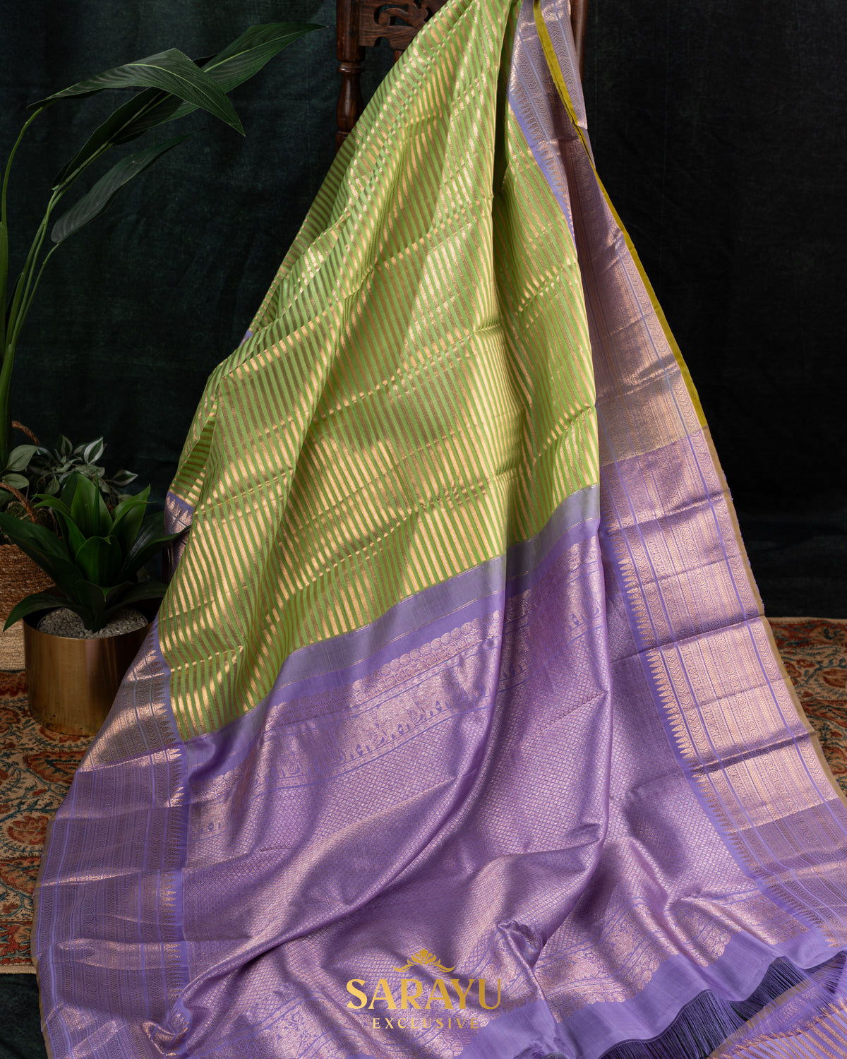 Pastel Apple Green and Lavender Contemporary Pure Kanchi Silk