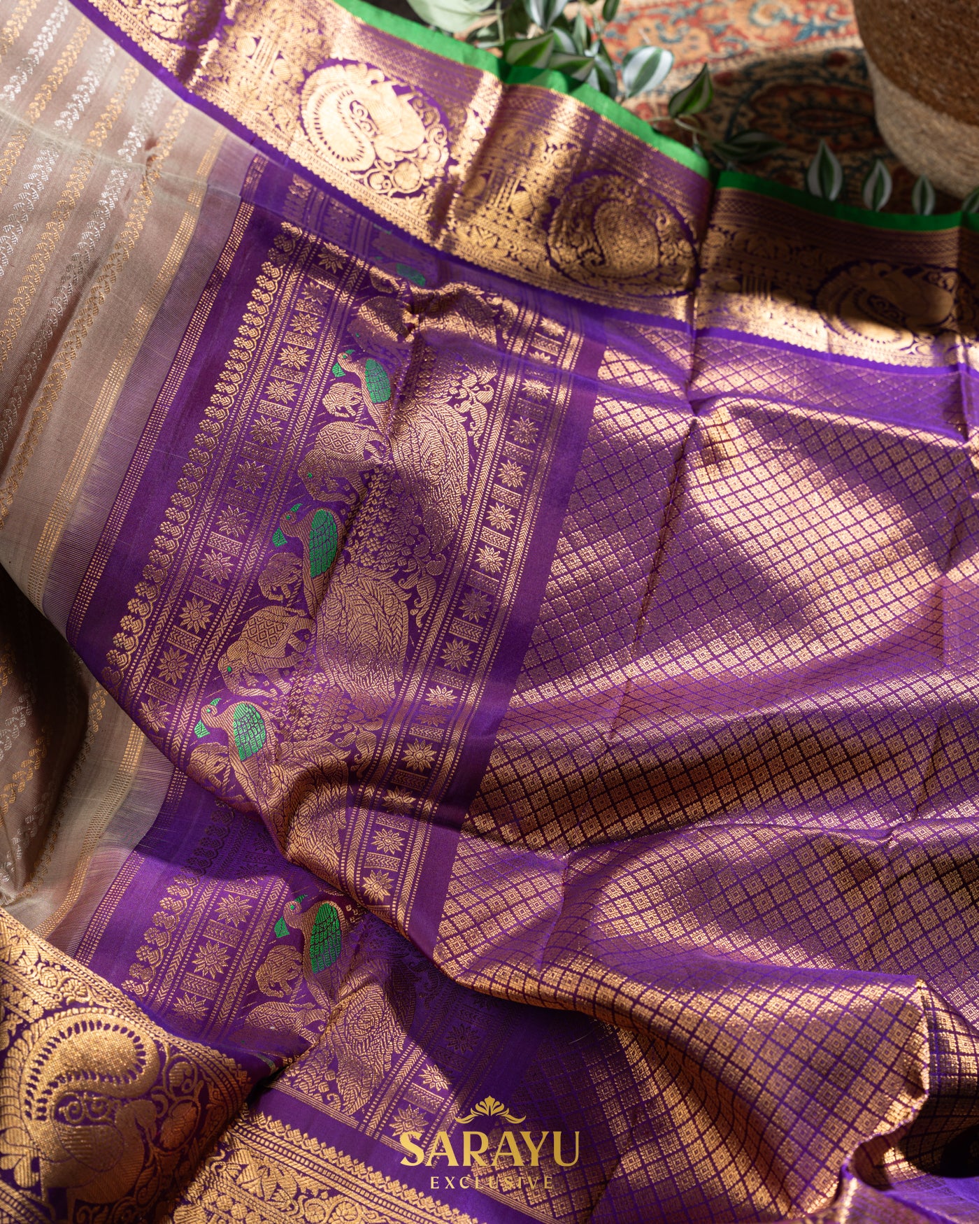 Biscuit and Purple Shade Pure Gadwal Silk