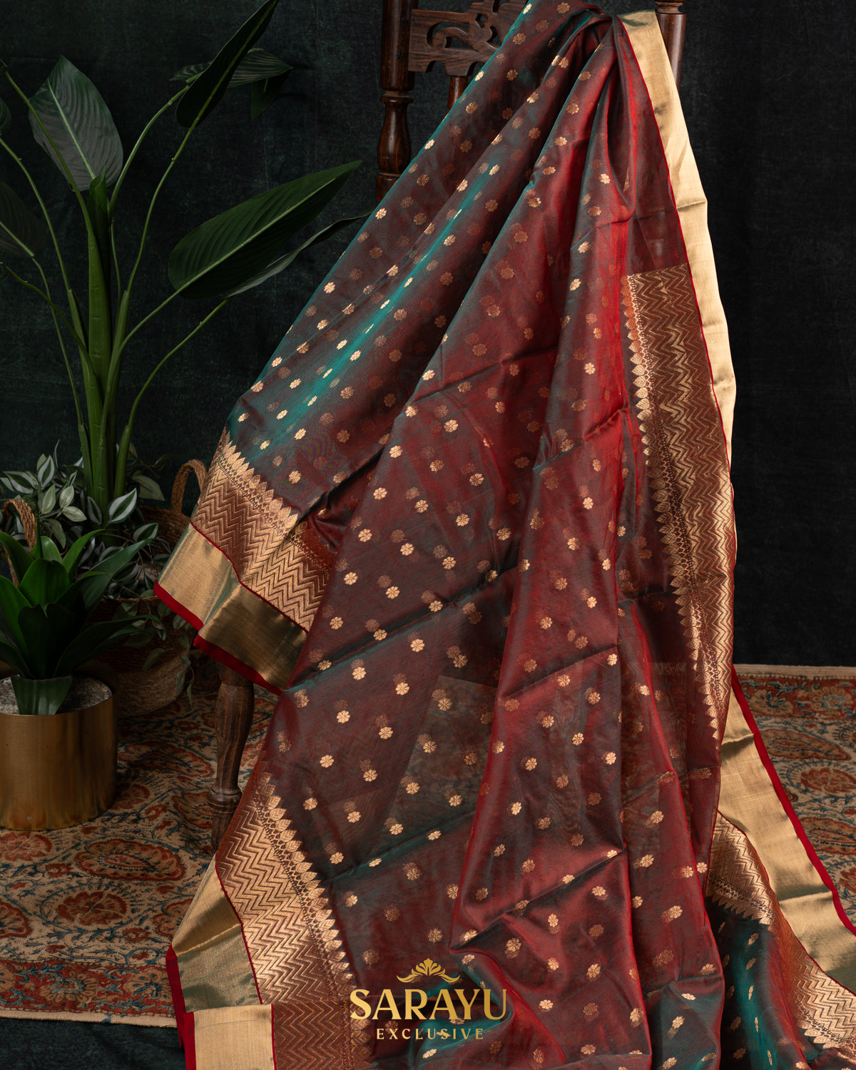 Moss green and Brown mixed Kalanetha Pure Chanderi Silk