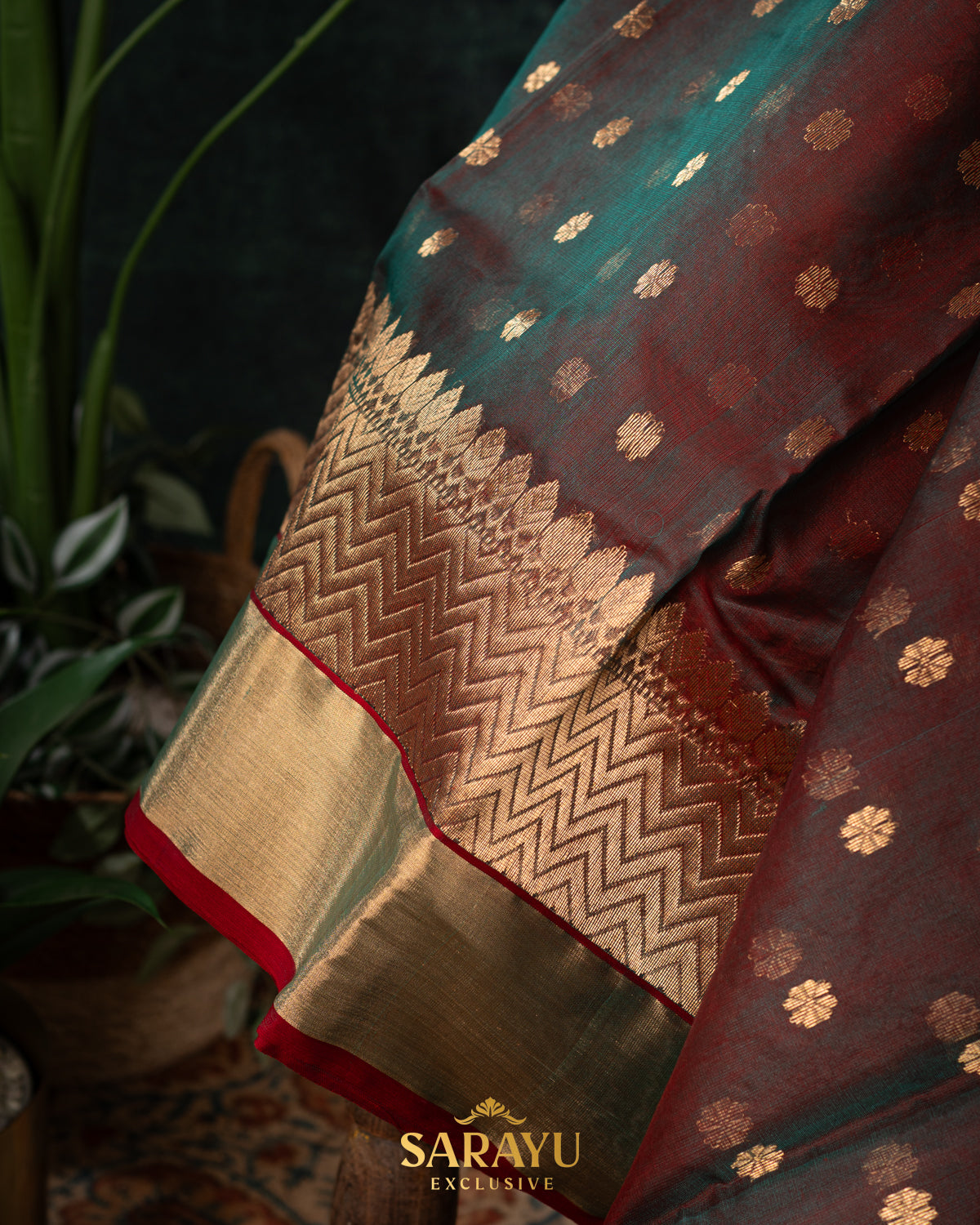 Moss green and Brown mixed Kalanetha Pure Chanderi Silk