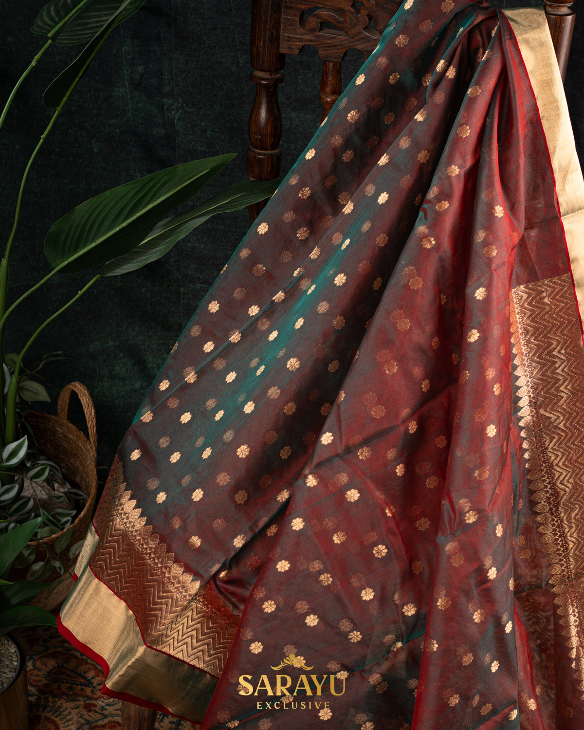 Moss green and Brown mixed Kalanetha Pure Chanderi Silk
