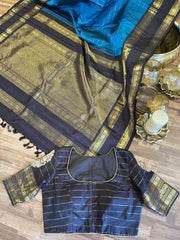 Peacock Blue and Brown Pure Kanchi Pattu