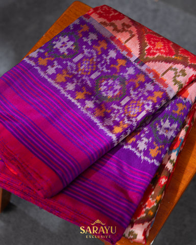 Red and Purple Twill Ikkat Silk Saree