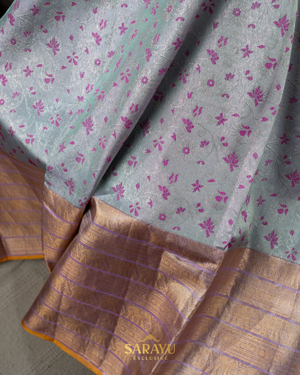 Soft powder blue and lavender brocade Kanchi pure silk