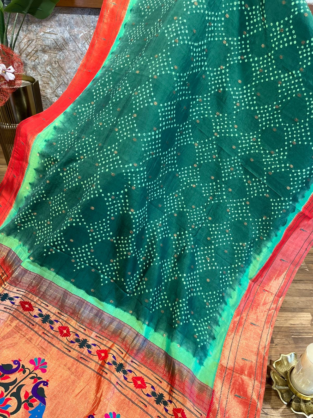 Green Pure Silk Paithani Bandhini