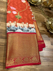 Brick Red Pichwai Digital Printed Kanchi Saree