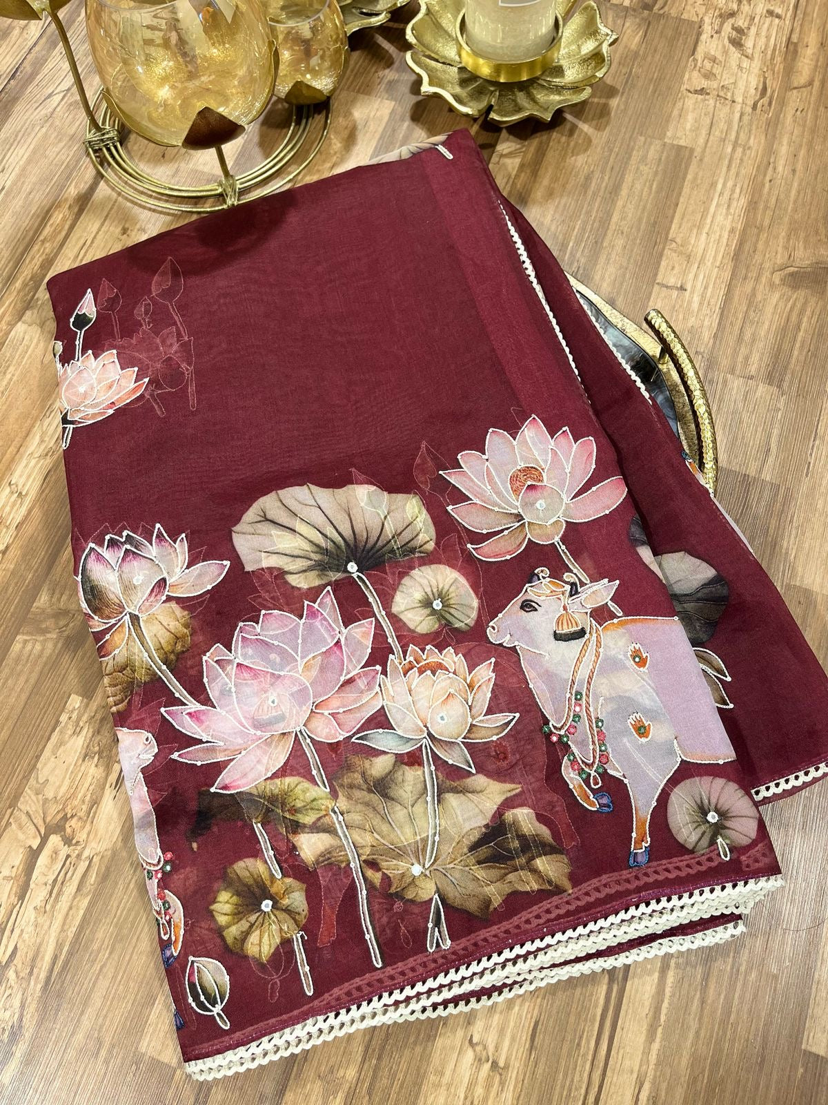 Maroon Designer Floral Print Pure Organza