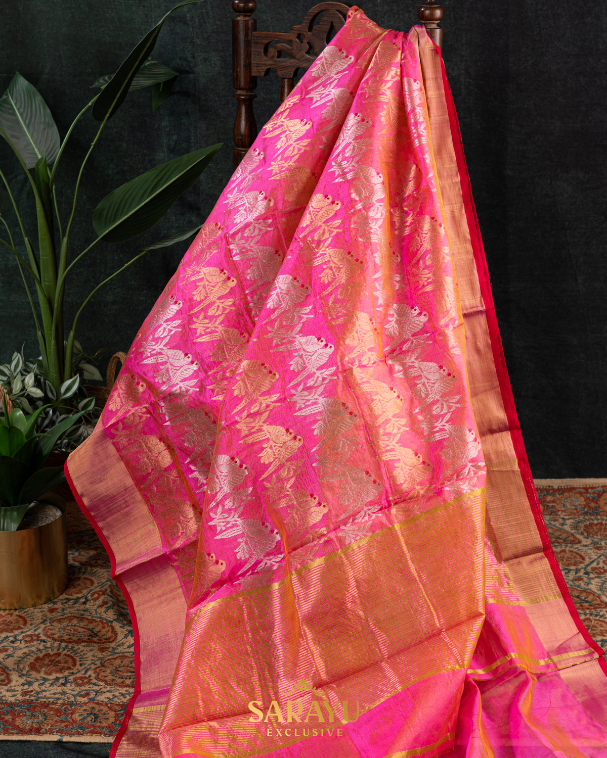 Rani pink and Peach Pink Kalanetha Pure Chanderi Silk