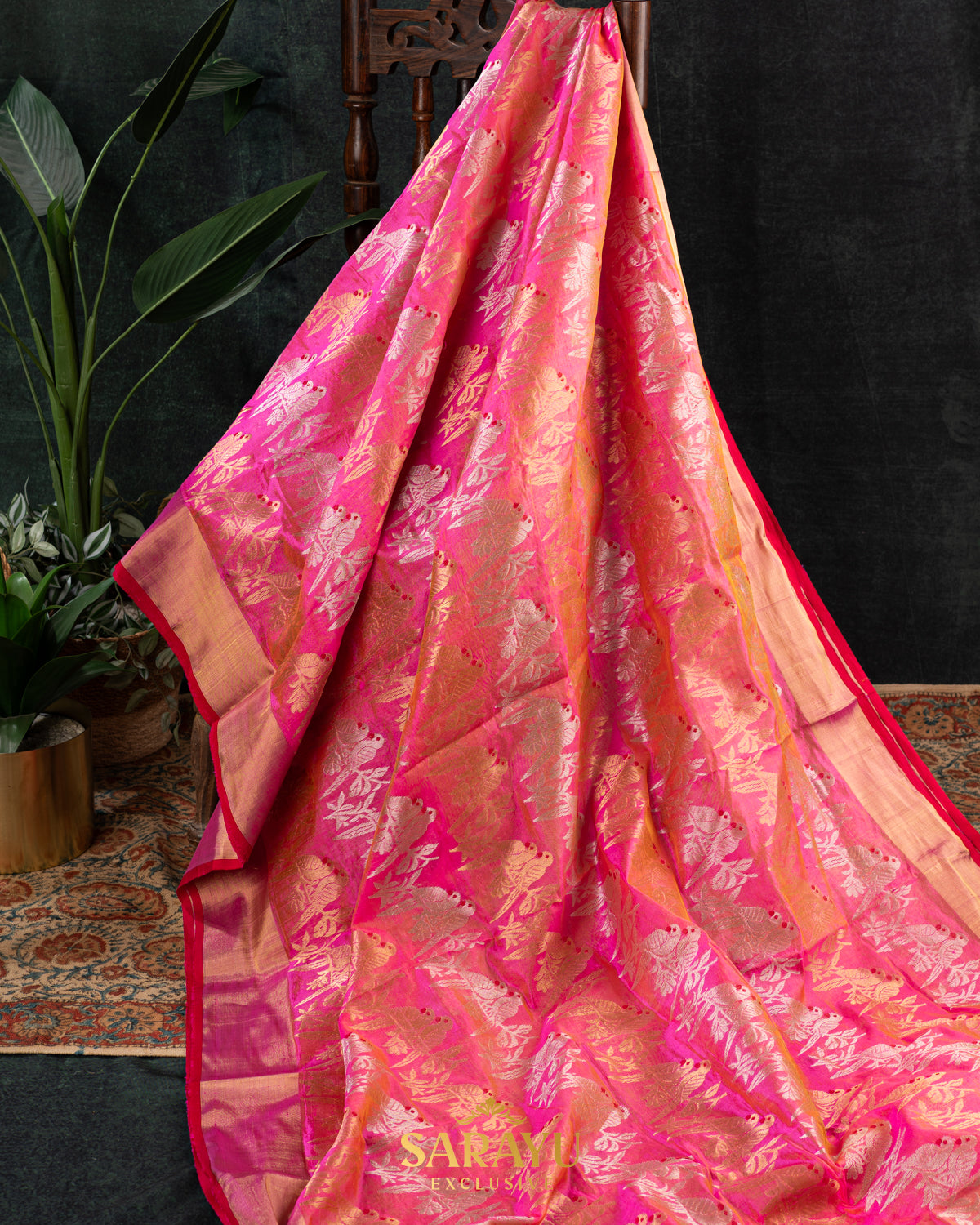 Rani pink and Peach Pink Kalanetha Pure Chanderi Silk