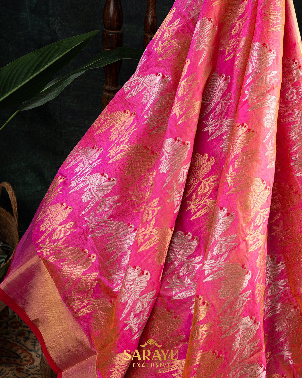 Rani pink and Peach Pink Kalanetha Pure Chanderi Silk