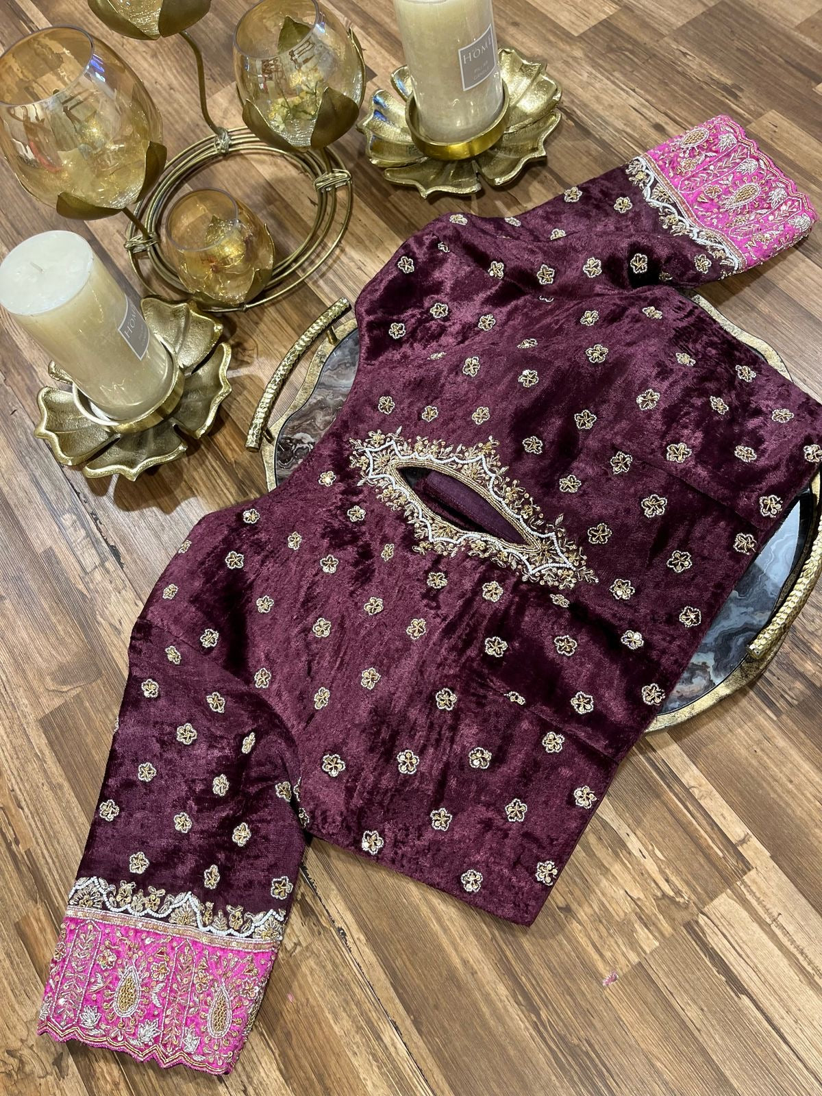 Wine and Pink Shade Velvet Designer Blouse