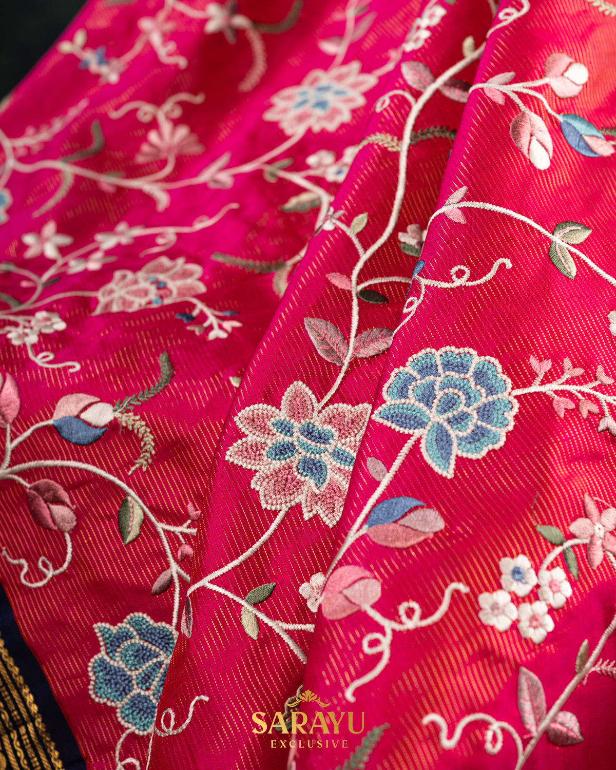 Rich Tomato Red and Navy Exclusive Kanchi Silk