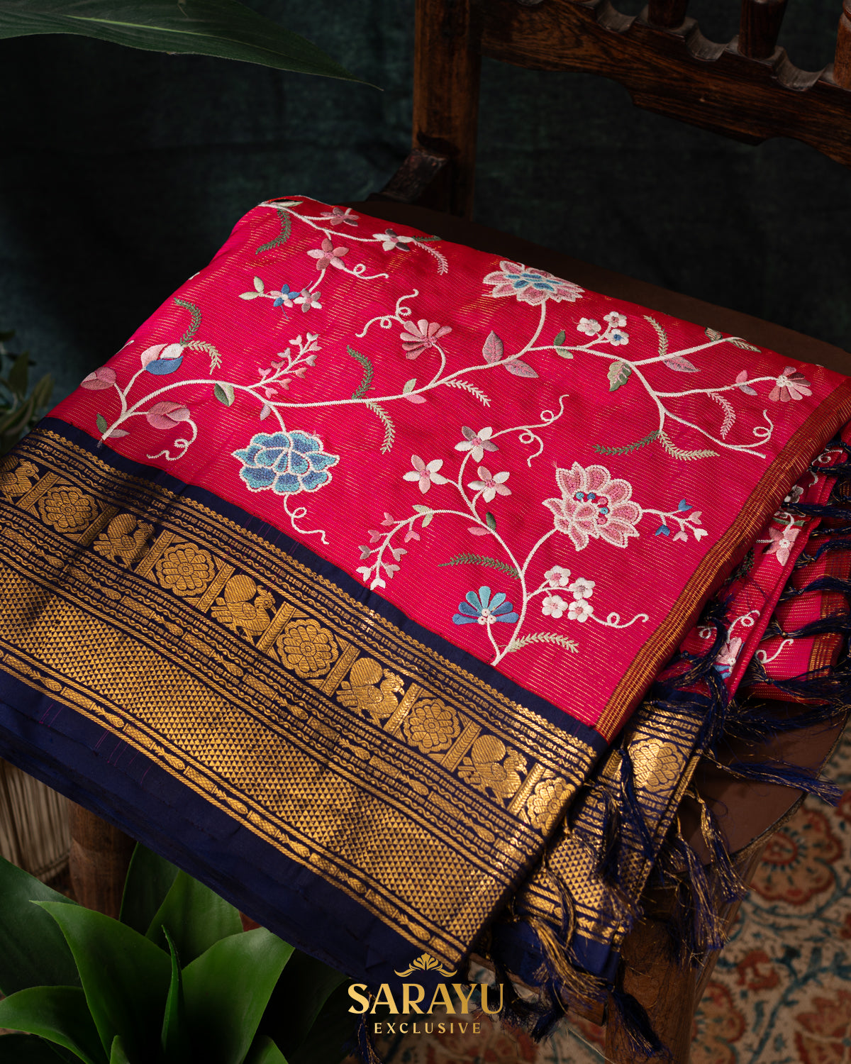 Rich Tomato Red and Navy Exclusive Kanchi Silk
